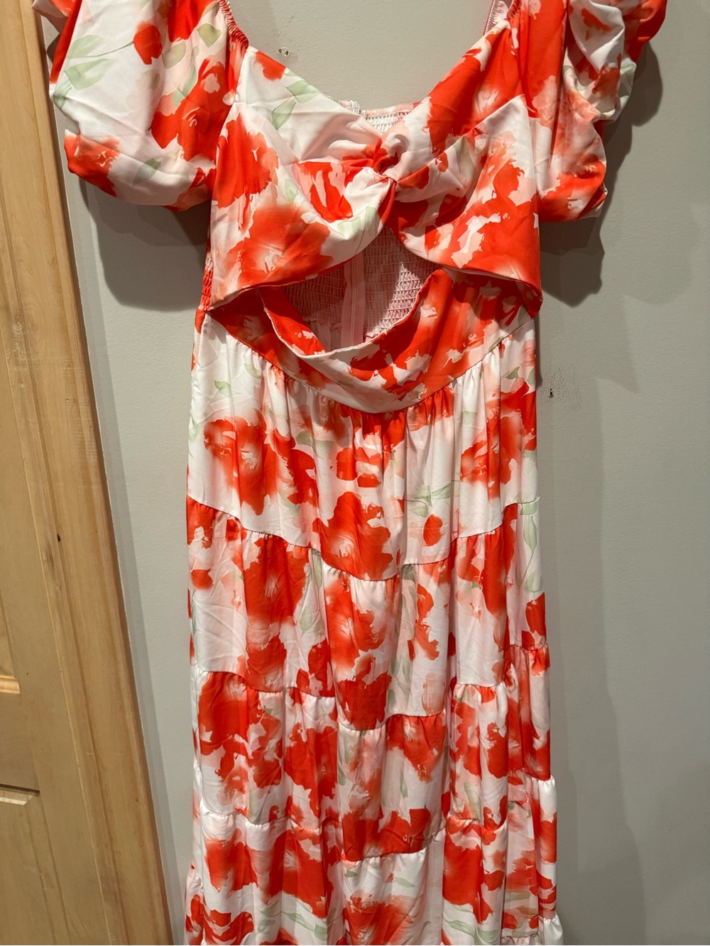 Orange Floral With Green Accent Puff-Sleeve Midi Dress - Picture 3 of 7